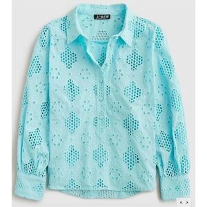 NWT J. Crew Long Sleeve Popover Top Blue Eyelet .XL